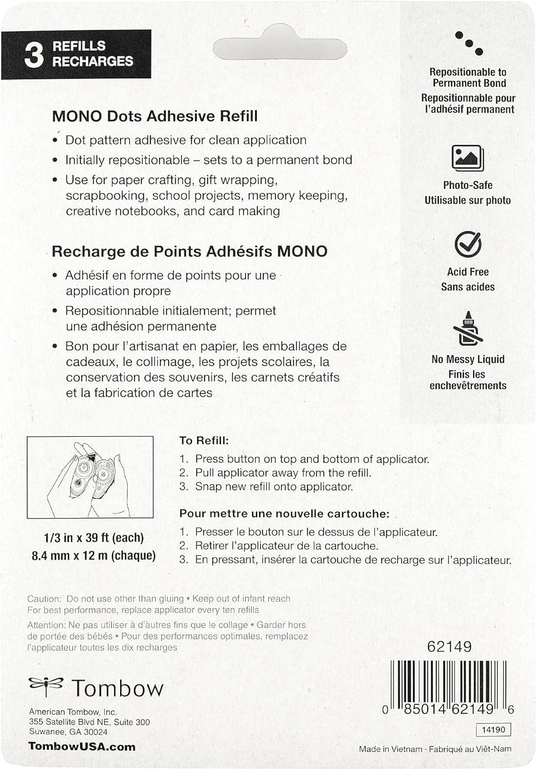 image:imageTombow 62149 Mono Adhesive Dots Applicator Refills 3Pack Easy to Refill for Smooth Application Multicolor Value Pack