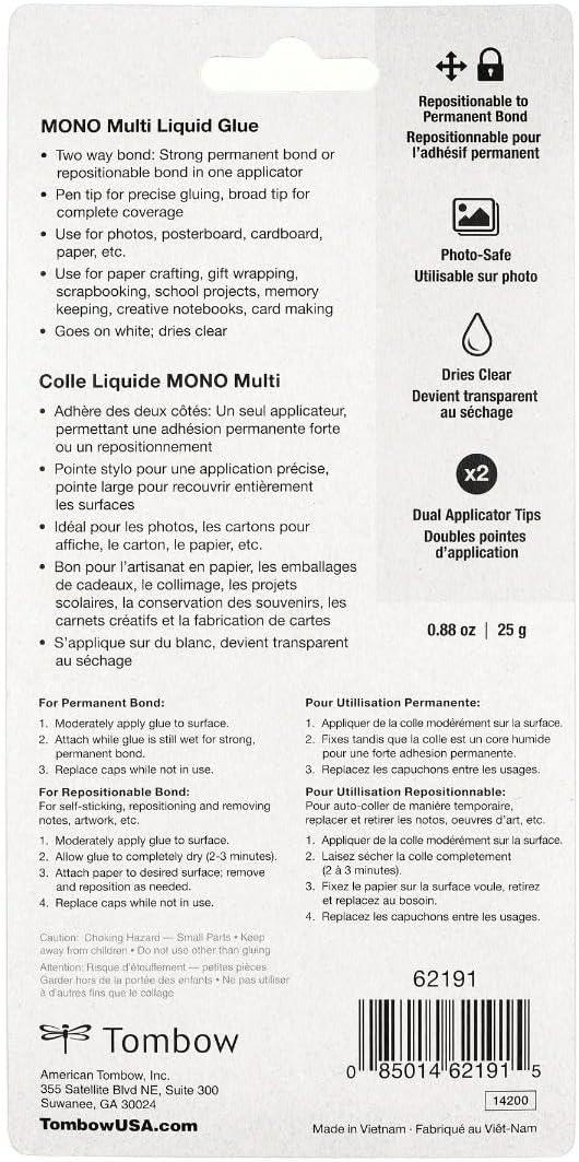 image:imageTombow 62191 MONO Multi Liquid Glue 088 Ounce 1Pack MultiPurpose Glue with Dual Tip Dispenser for Precise to Full Coverage Application
