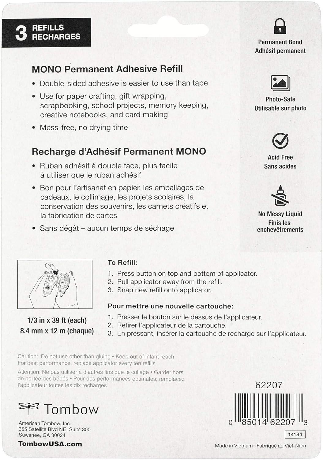 image:imageTombow 62207 MONO Permanent Adhesive Refills 3Pack Easy to Use Refills for a Strong Instant Bond