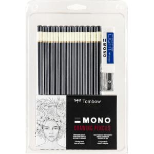 Tombow 51523 MONO Drawing Pencil Set, Assorted Degrees, 12-Pack. Professional Quality Graphite Pencil Set with Eraser and Sharpener