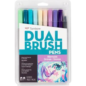 Tombow 56256 Dual Brush Pen Art Markers, Mermaids, 10-Pack, Water-Based Ink, for Hand Lettering, Watercolor, Fine Art, Illustrations