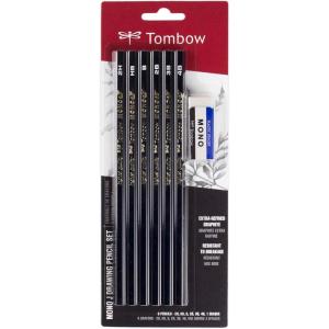 Tombow 61107 MONO J Drawing Pencil Set with Eraser, 6-Pack. Extra-Refined Graphite Pencil Set With Tombow MONO Eraser