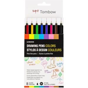 Tombow 66407 MONO Drawing Pens Colors, 8-Pack, Metal Nib, Fine Point, Water-Based Pigment Ink