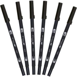 Tombow ABT-N15-6P Fibre Tip Pen Dual Brush Pen with Two Nibs [Pack of 6] Black